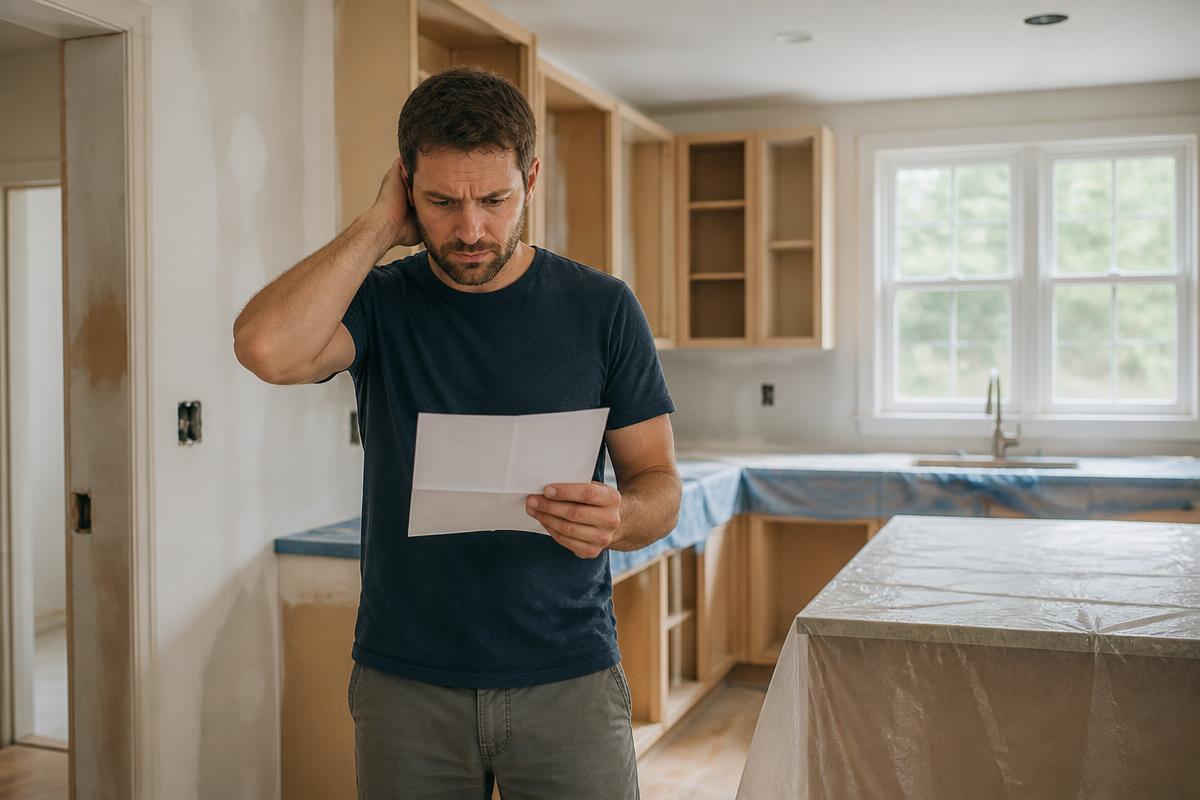 Illustrative photo of a homeowner standing in an unfinished kitchen holding a signed contract