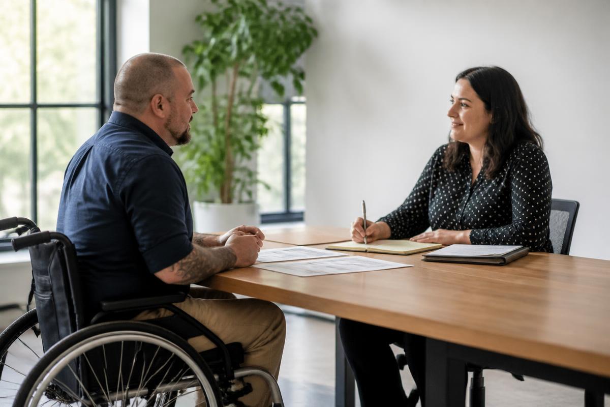 Illustrative photo of a man in a wheelchair reviewing benefit paperwork at a desk