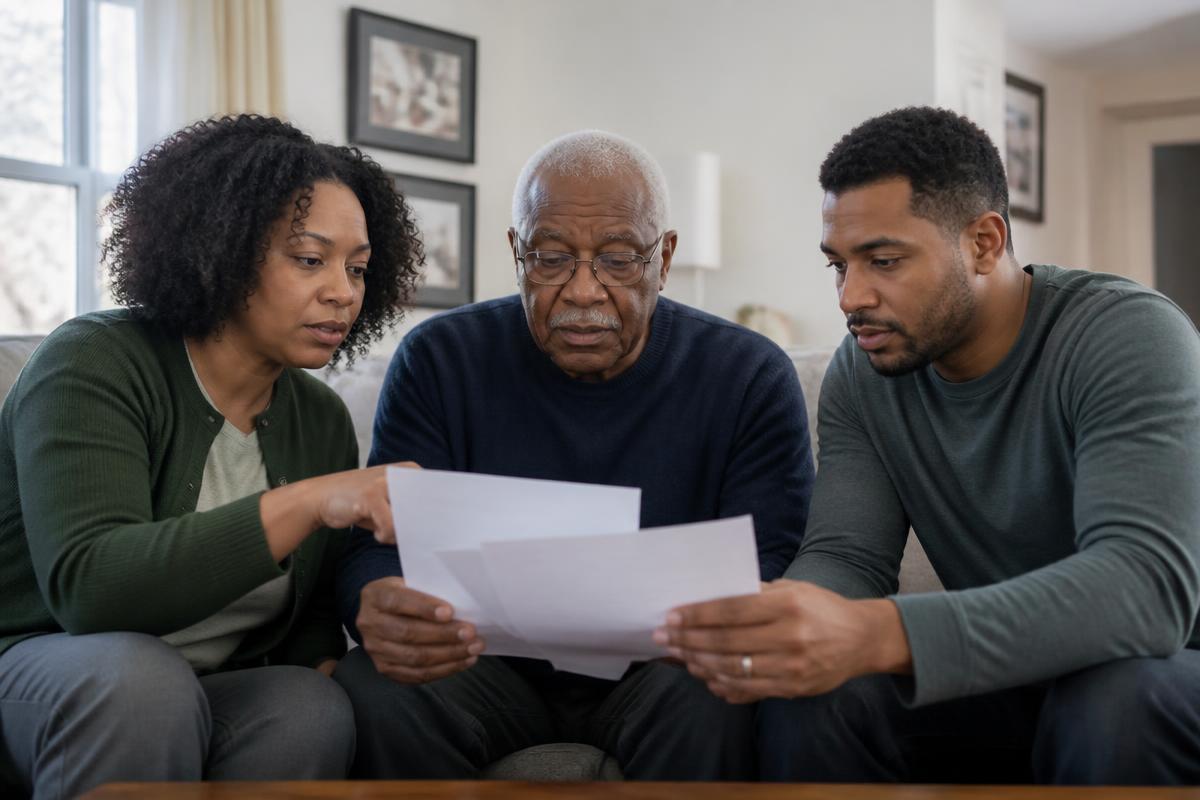 Illustrative photo of an adult daughter sitting with her elderly mother looking at bank papers