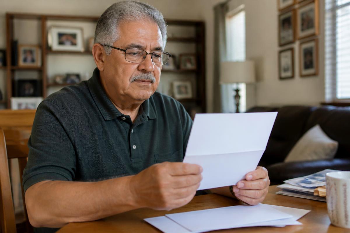 Illustrative photo of a man reading an insurance denial letter beside a window