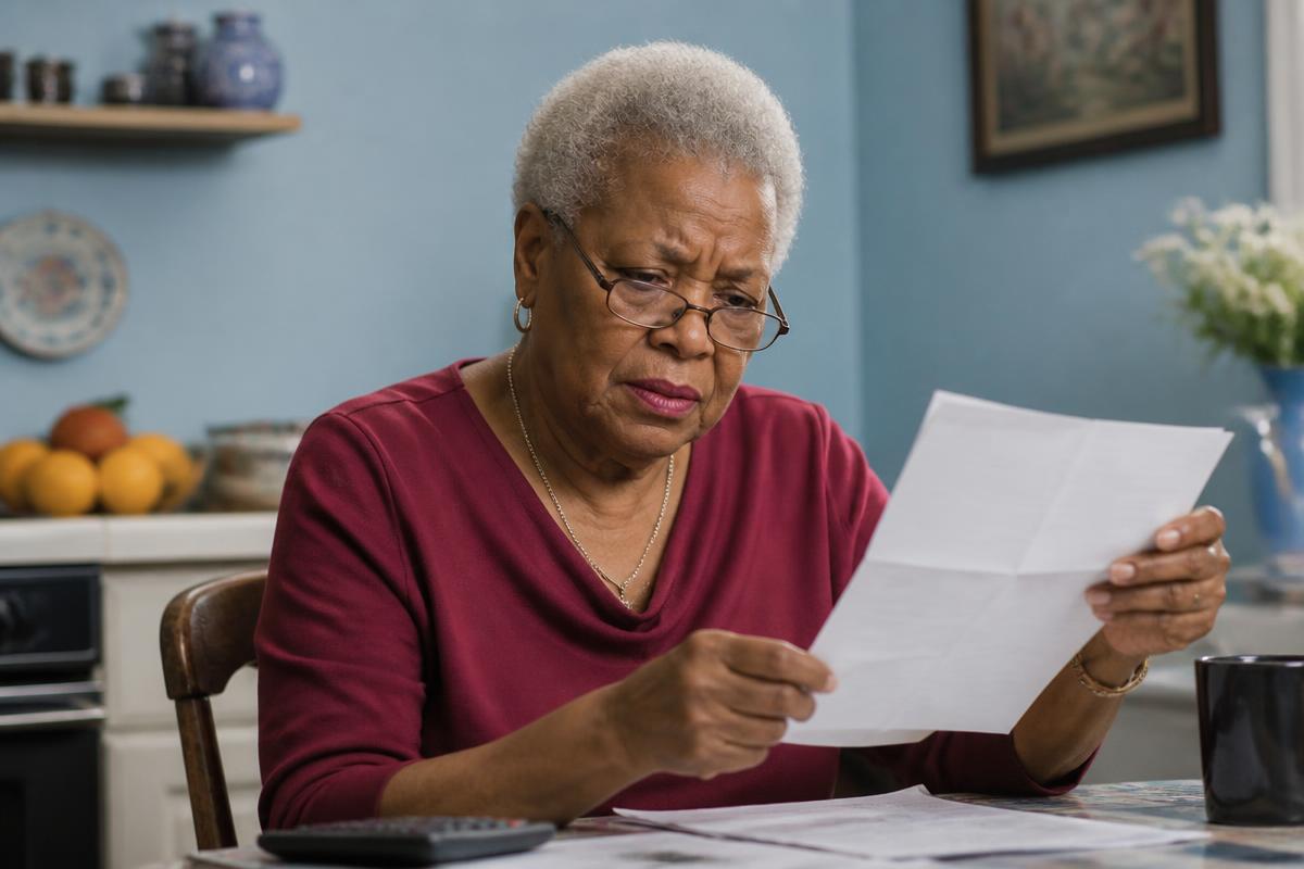 Illustrative photo of a senior man holding a billing statement and looking concerned