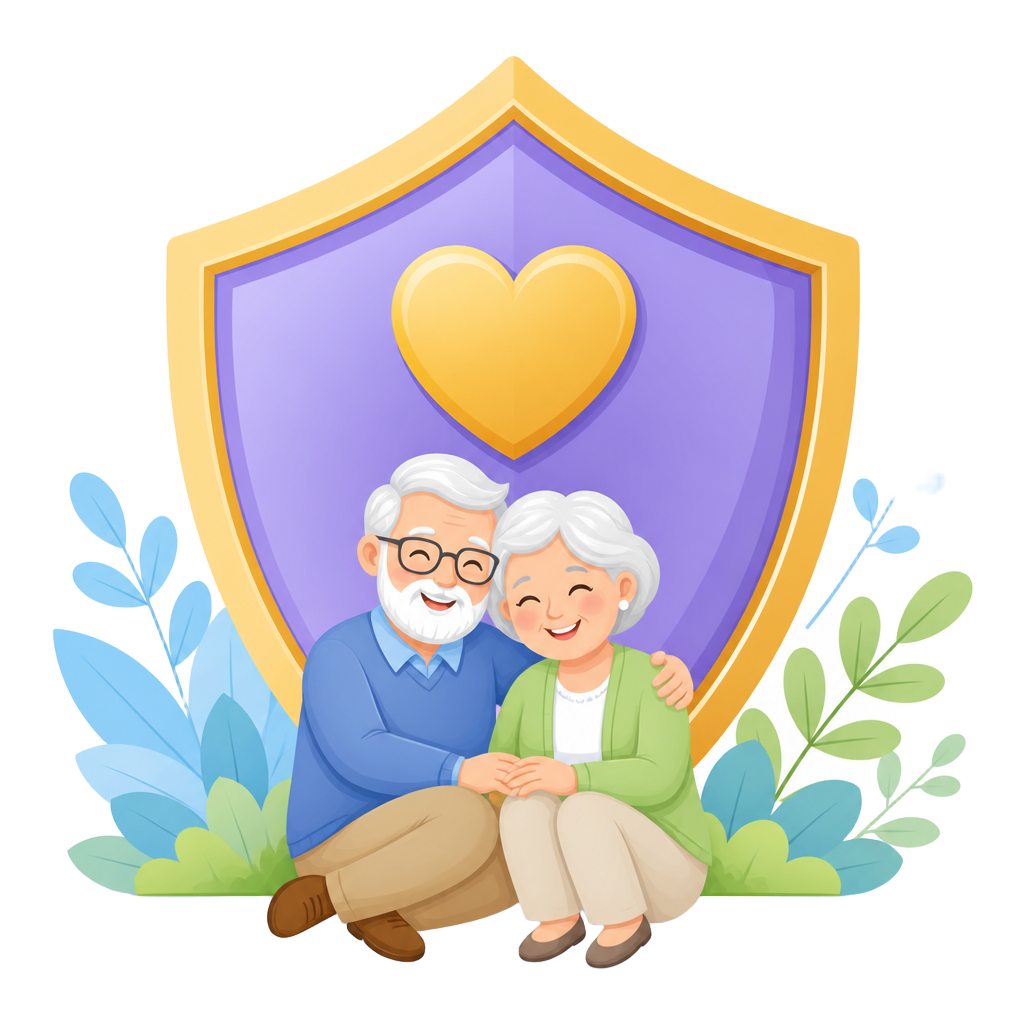 Illustration of a protective shield sheltering a senior couple